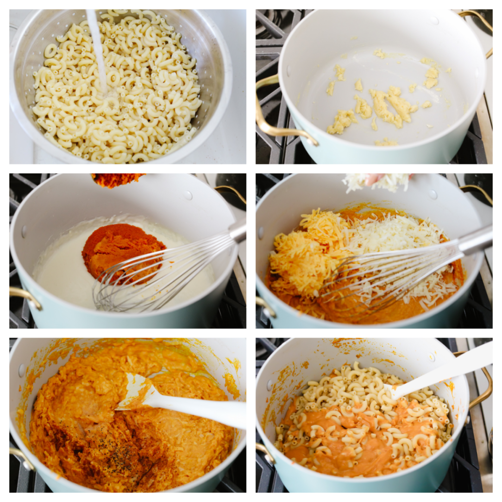 6 step by step pictures showing how to make mac and cheese on the stove. 