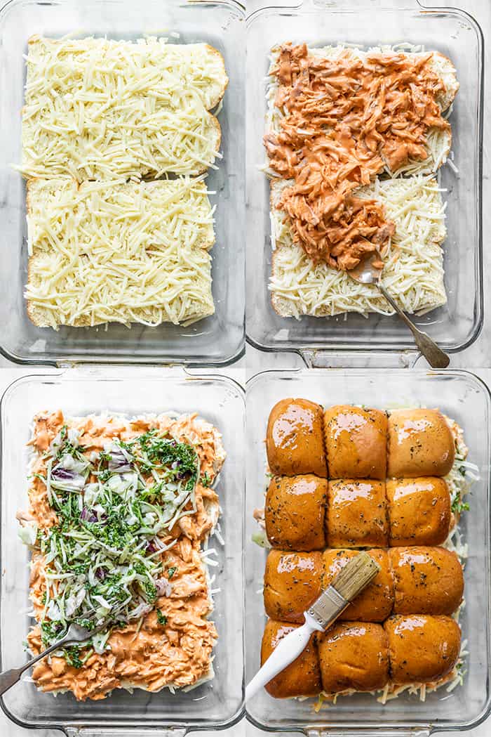 4 pictures showing how to make buffalo chicken sliders.