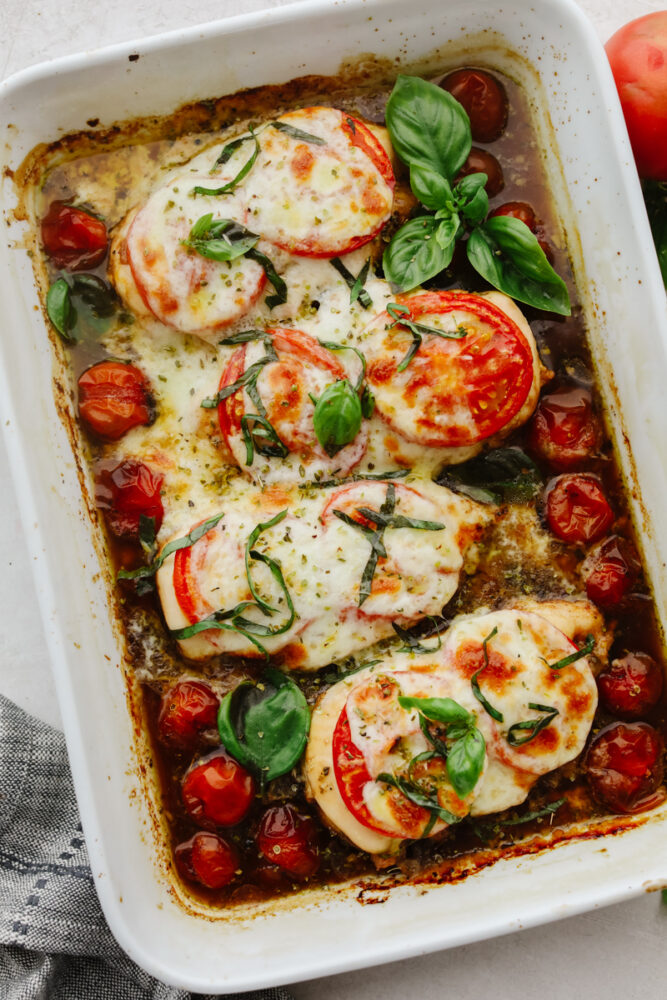 Baked chicken in casserole dish.