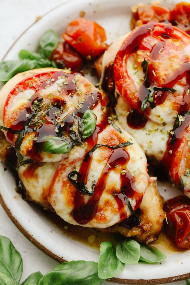 Close up of baked Caprese chicken. 