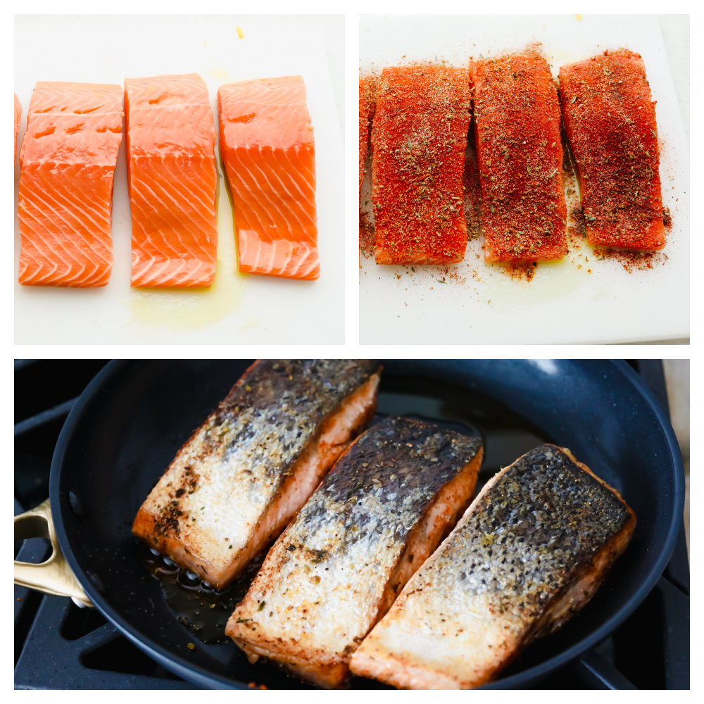 Fresh salmon, coated in blackened spices and seared in a skillet on the stove. 