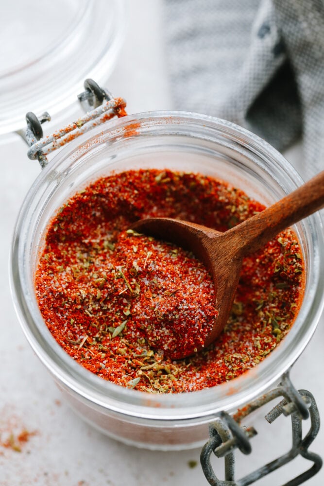 Blackened seasoning with a spoon.