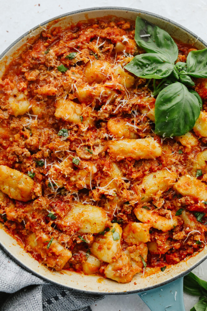 Bolognese Gnocchi is everything that you would hope for in an amazing Italian dish! Flavorful, bold, and full of delightful texture, this tried and true recipe is something that will definitely get you a "WOW!" from your family and friends! Bolognese gnocchi in a dish.