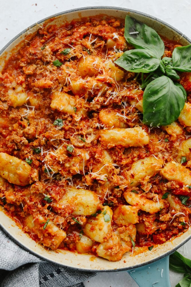 Bolognese sauce on gnocchi.