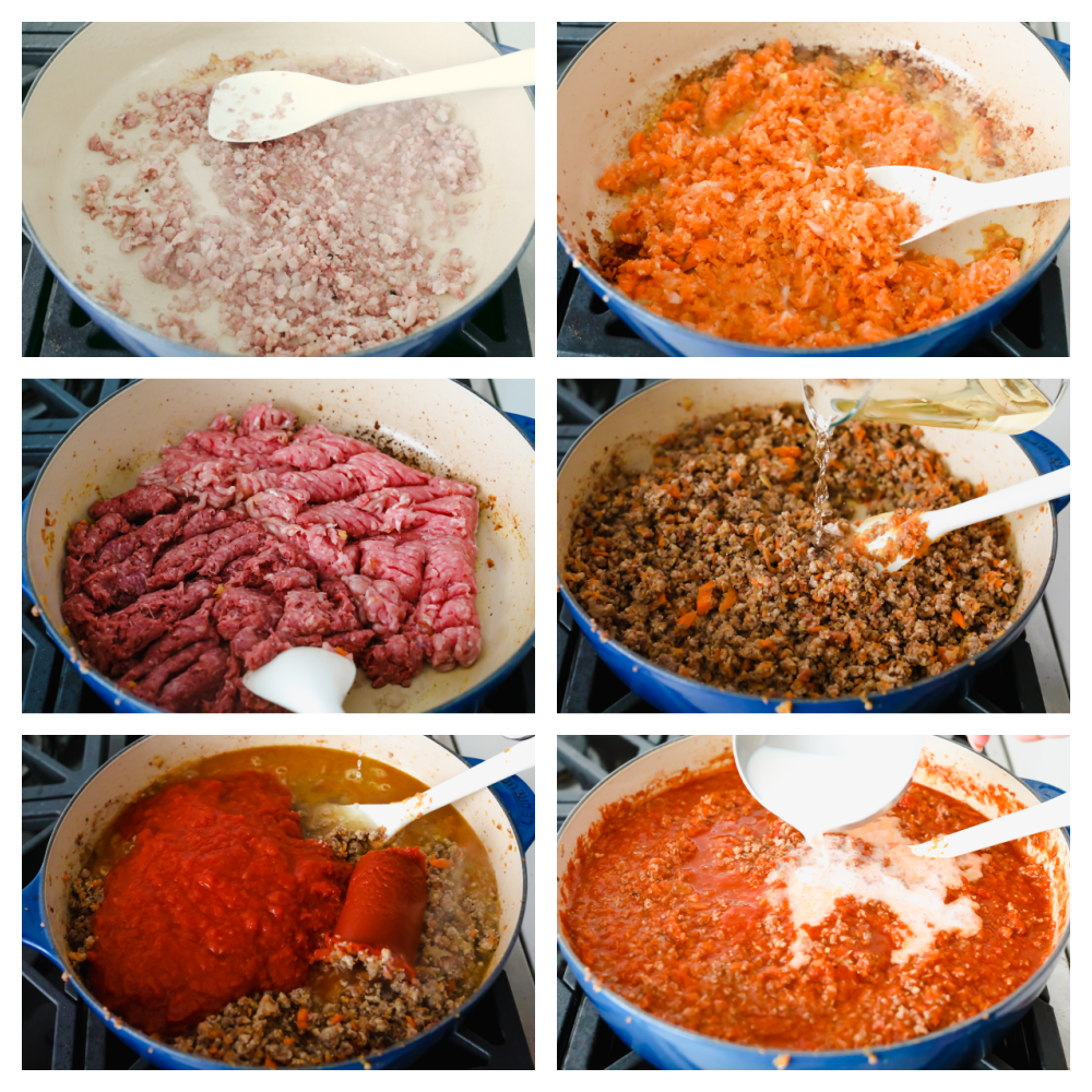6 pictures of the process of putting together the ingredients of the sauce. 