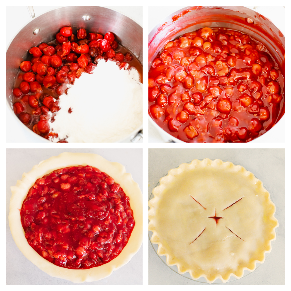 4 pictures showing how the cherry pie filling is made and placed into a pie crust. 
