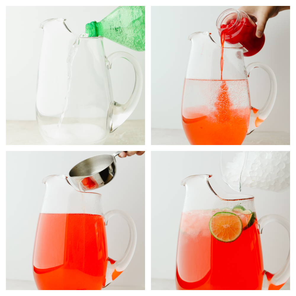 Process shots of adding ingredients to a pitcher.