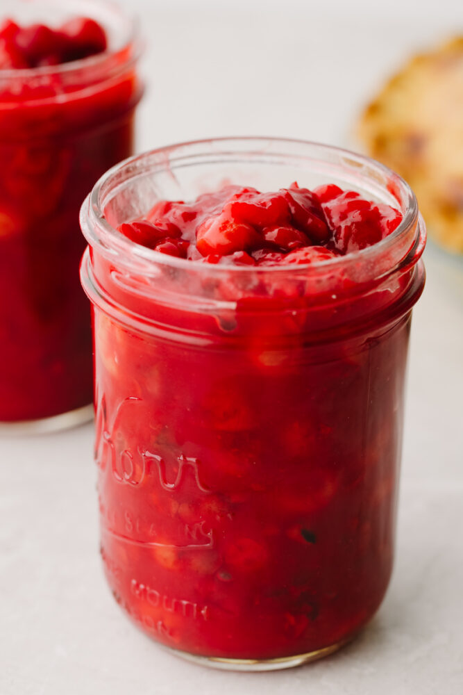 Cherry filling in a jar. 