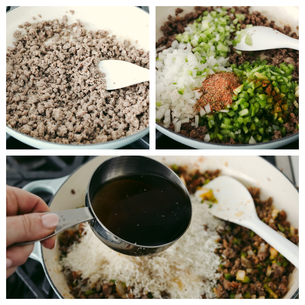 3 foto's die de stappen tonen voor het maken van vuile rijst. 