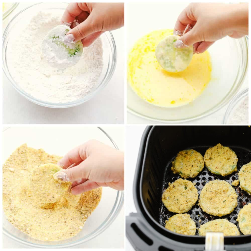 4 pictures showing the steps to make fried green tomatoes.