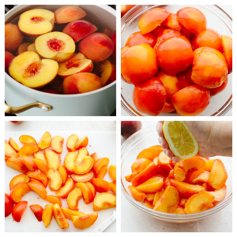 4 step by step pictures of cutting and boiling peaches. 