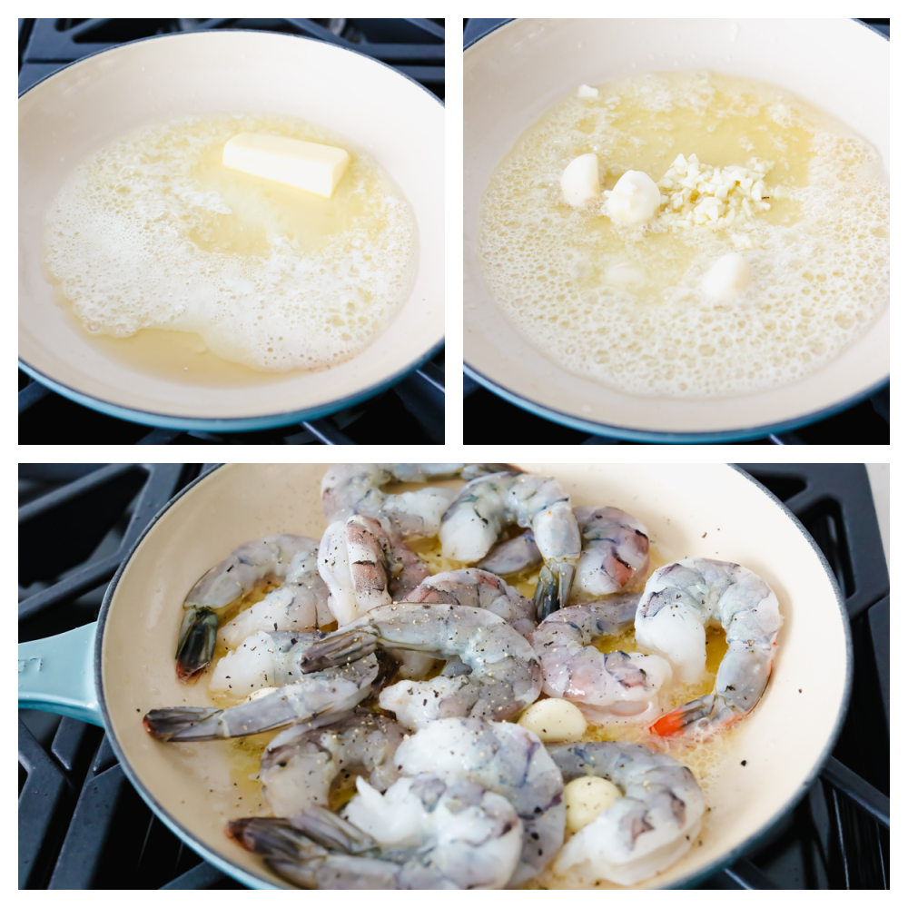 3 pictures of melting butter and cooking shrimp. 