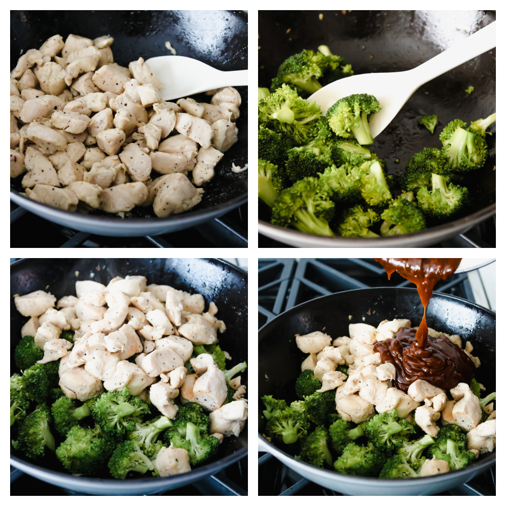 Process shots of stir-frying meat and vegetables.