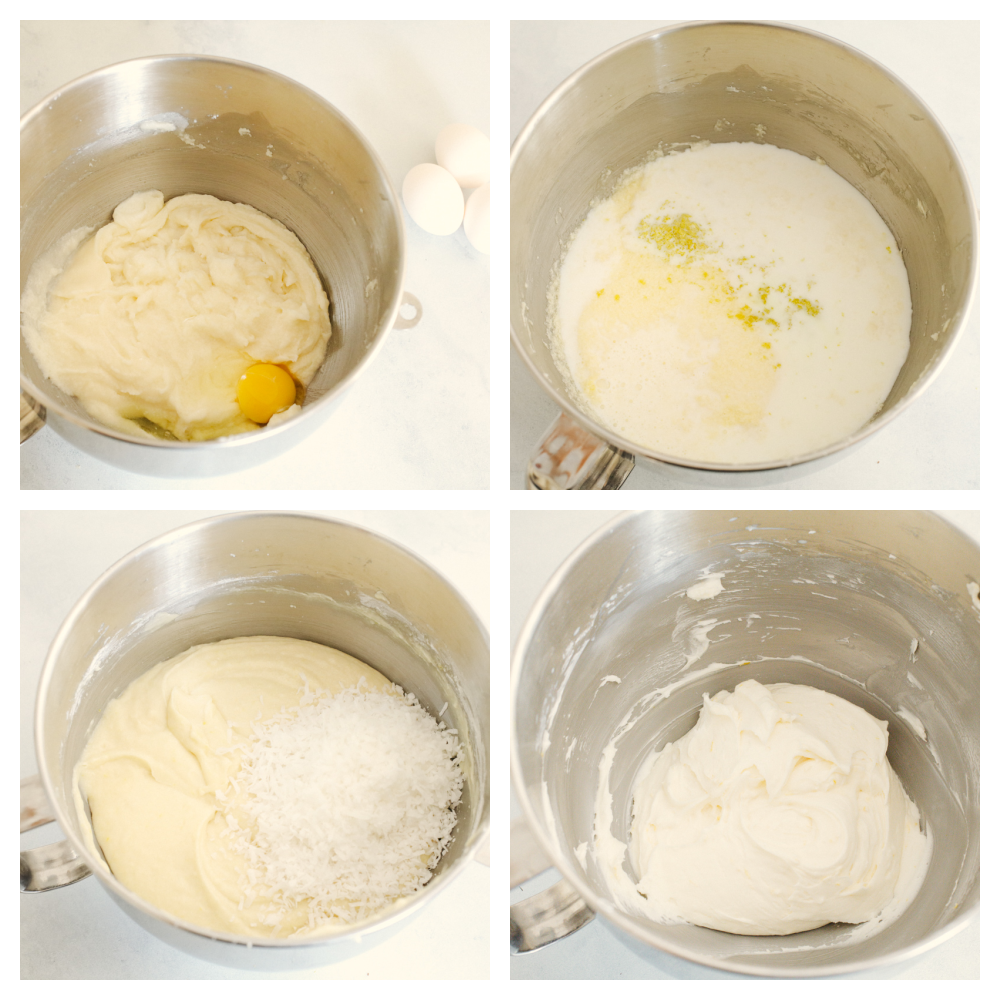 4 step by step pictures showing how to mix cake batter. 
