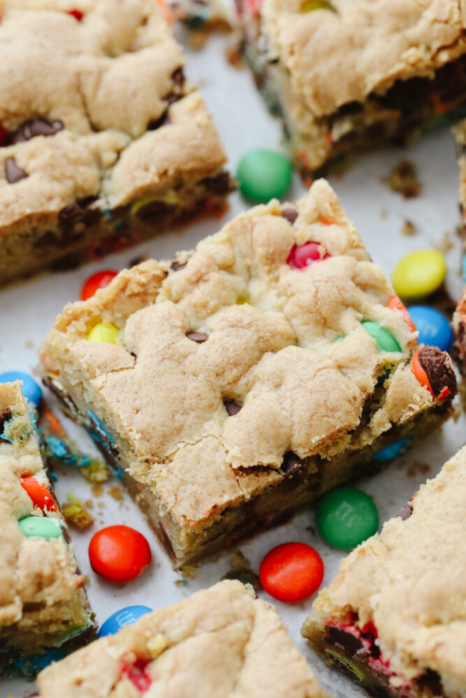 Close-up of a M&M cookie bar.