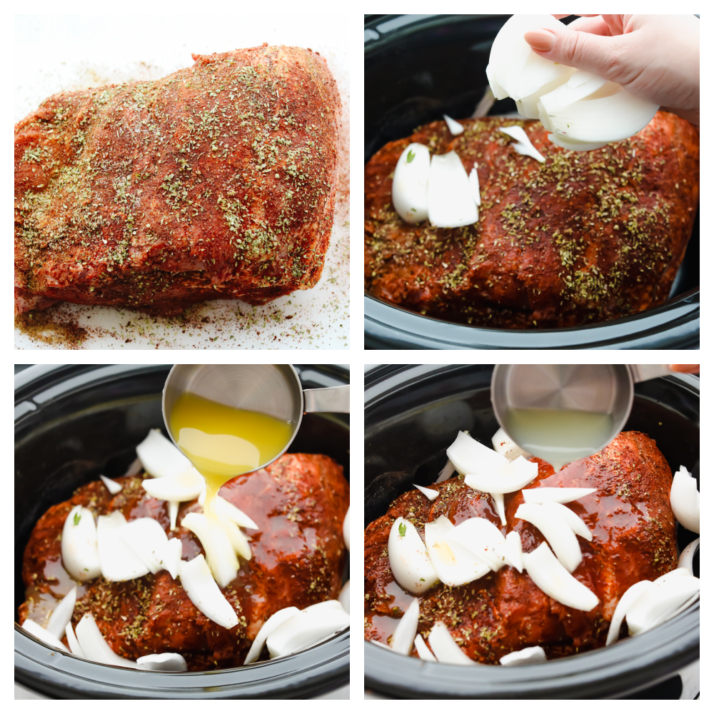 Four pictures of how to prepare pork with a rub in a slow cooker. 