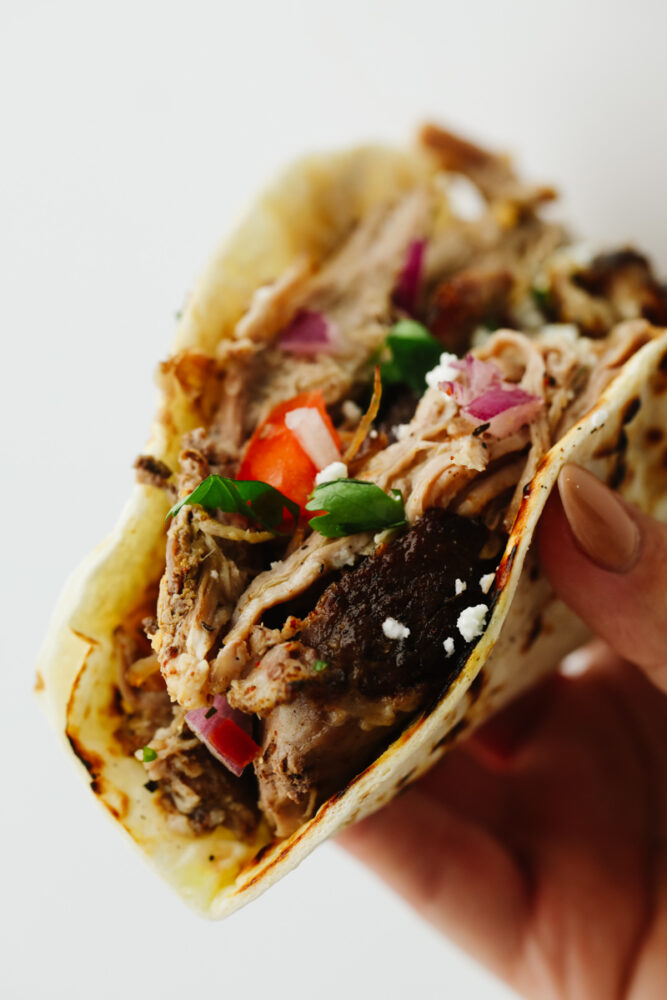 Zoomed in picture of a pork carnita taco. 