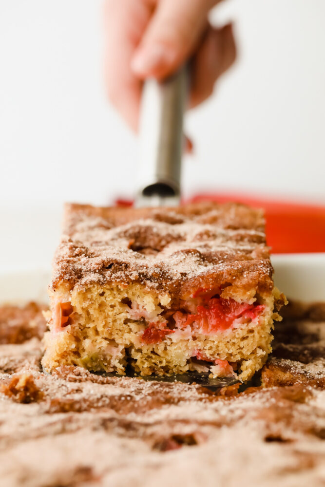 Rhubarb cake on a serving spoon.