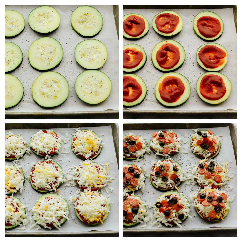 Adding sauce and pizza toppings to zucchini slices.