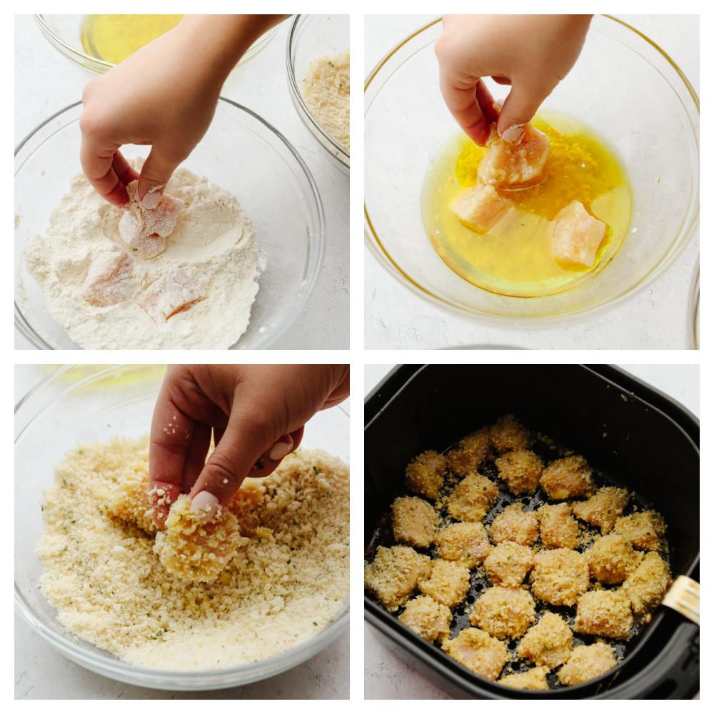 4 pictures showing how to coat and cook chicken nuggets. 