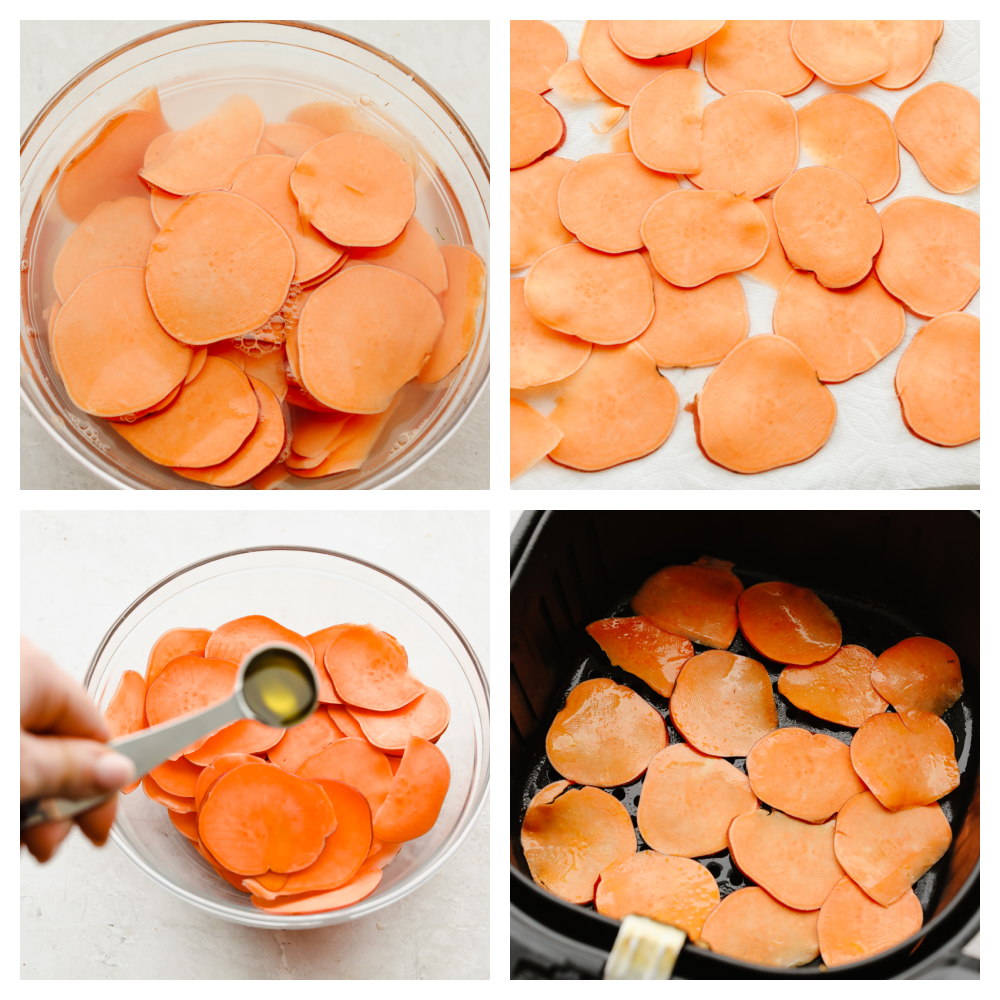 4 images showing how to slice and season sweet potatoes. 
