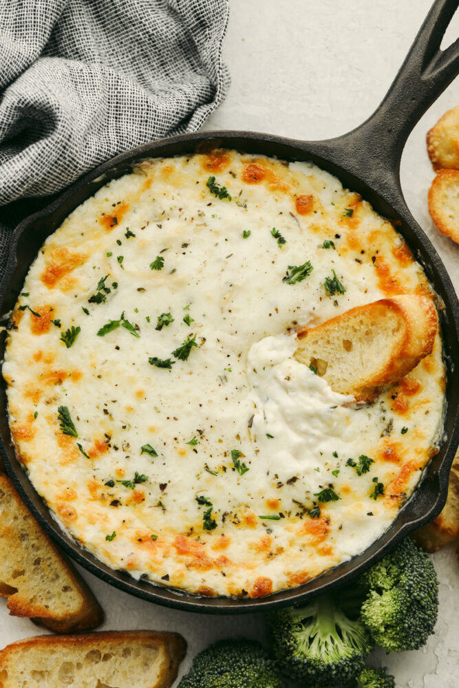 Chicken alfredo dip with a crostini in a skillet. 