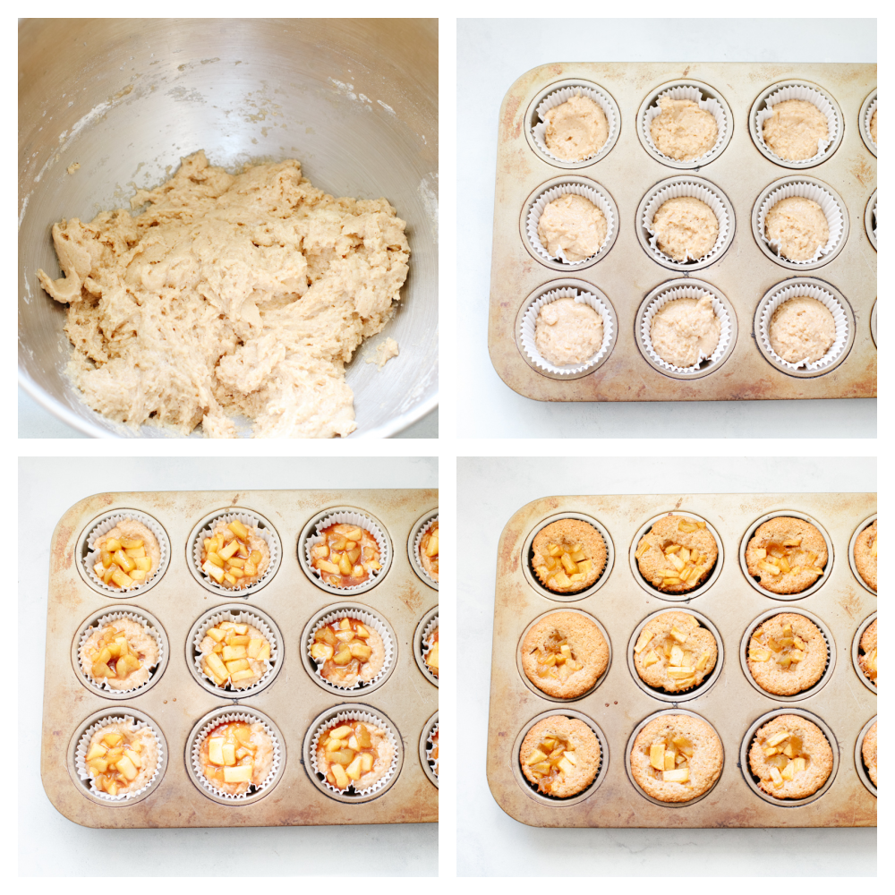 4 pictures showing how to make the cupcake batter and apple pie filling. 