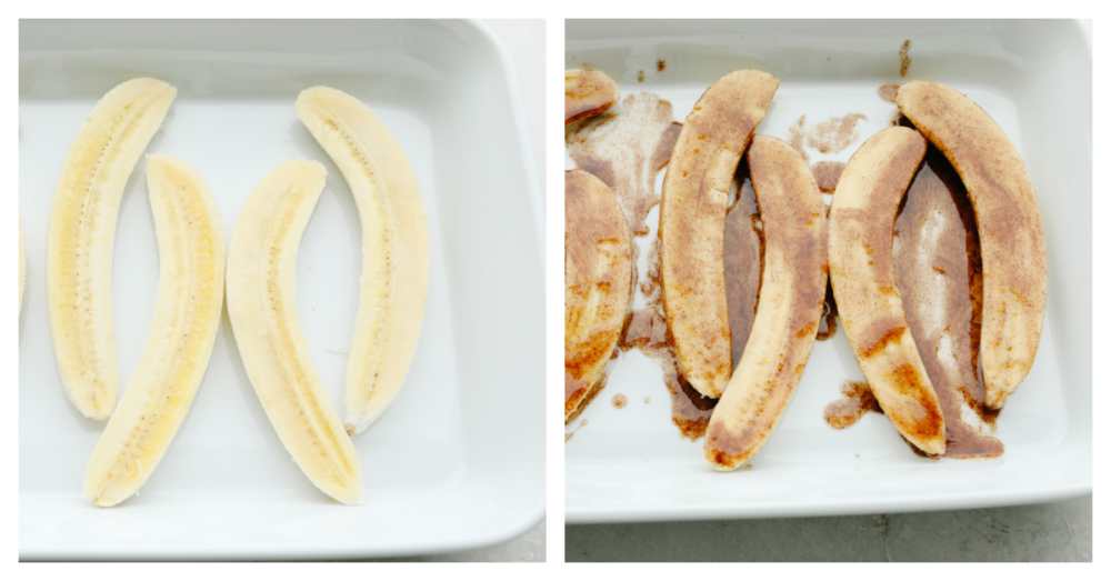 2 pictures showing how to slice and flavor bananas. 