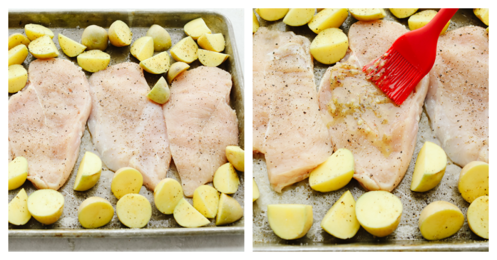 2 pictures showing how to place chicken and potatoes on a baking sheet and glaze them with butter. 