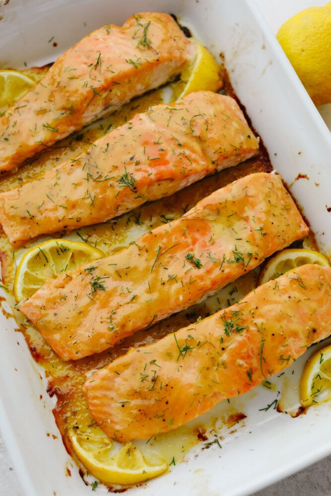 Baked salmon in a casserole dish. 