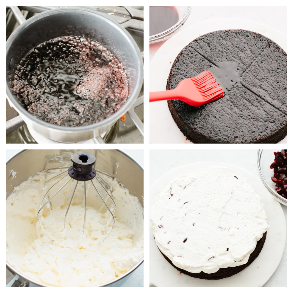 4 pictures showing step by step how to make a cake. 