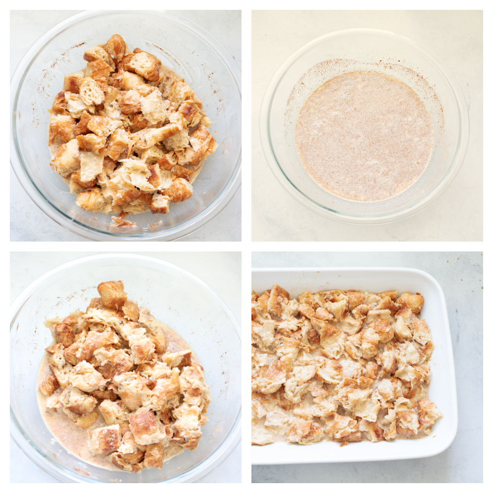 4 images showing how to make croissant bread pudding. 