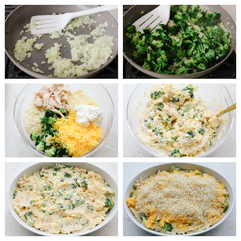 6 pictures showing how to mix ingredients to make a casserole. 