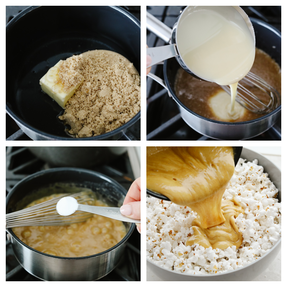 4 pictures showing how to cook caramel and add it to popcorn.