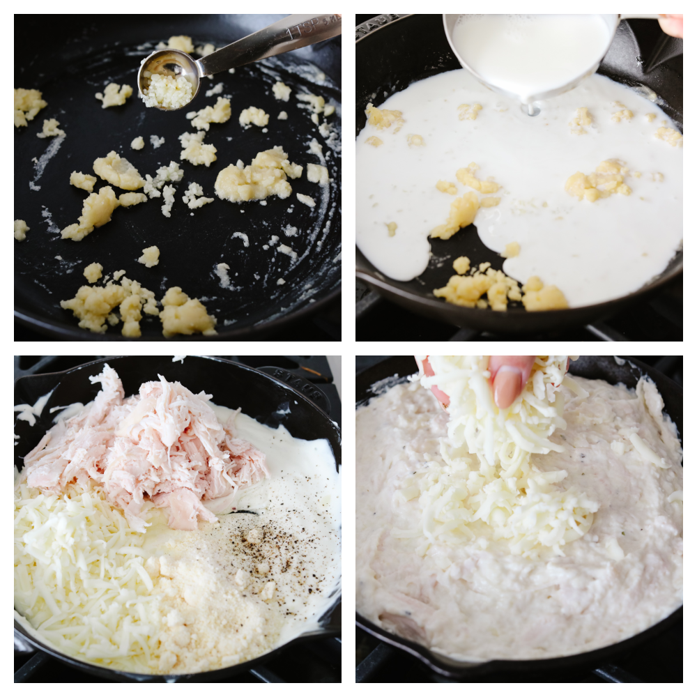 4 pictures showing step by step pictures of how to make dip. 