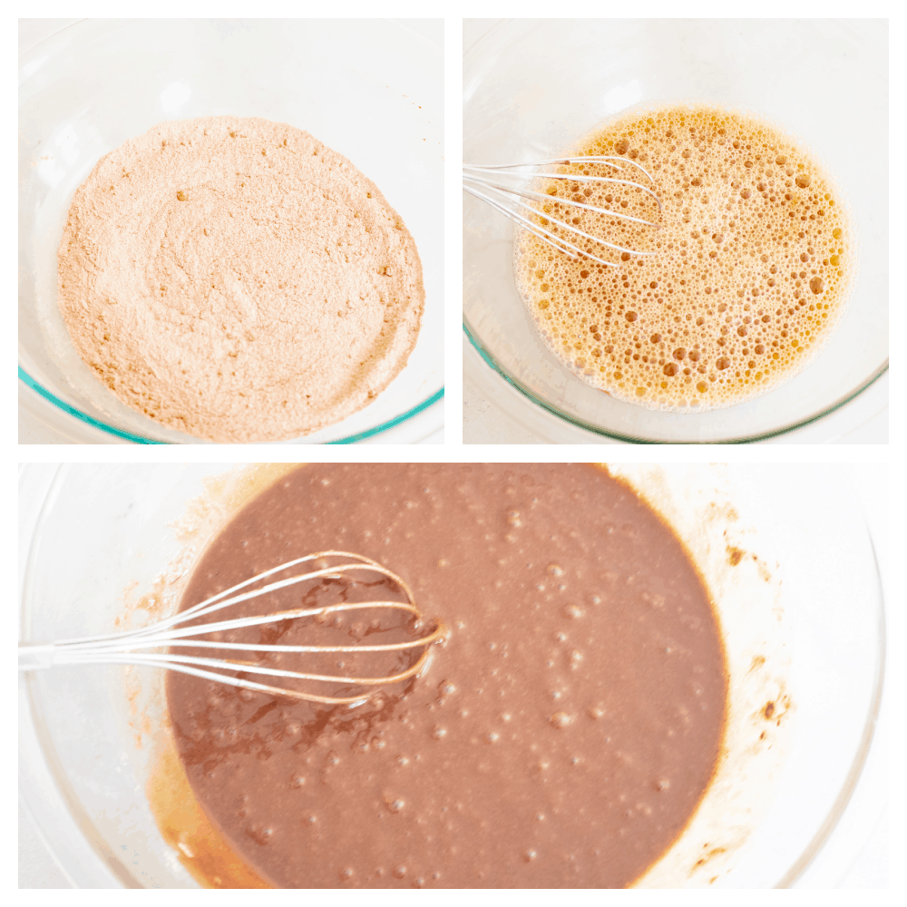 3 pictures showing how to whisk ingredients together. 