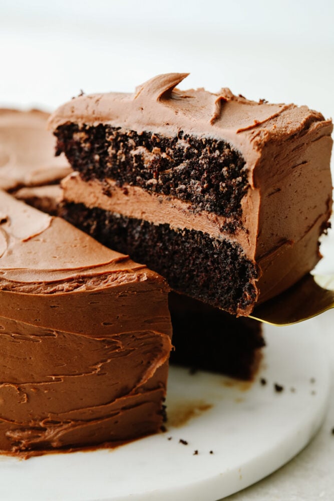 A slice of chocolate cake being served. 