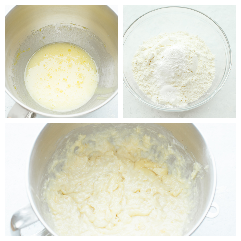 3 pictures showing how to mix up coconut banana bread batter. 