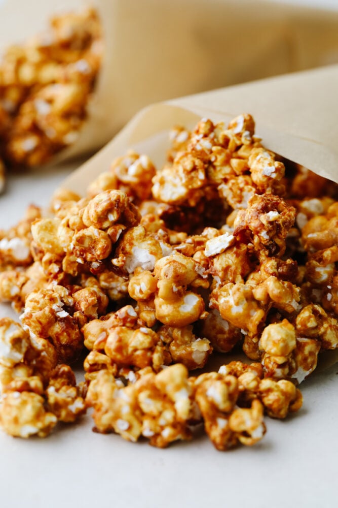 Crunchy caramel corn on some parchment paper. 