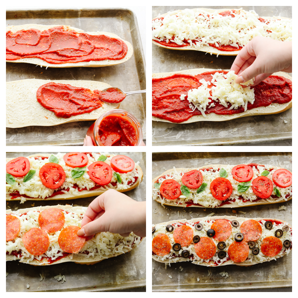 4 pictures showing steps on how to make a French bread pizza. 