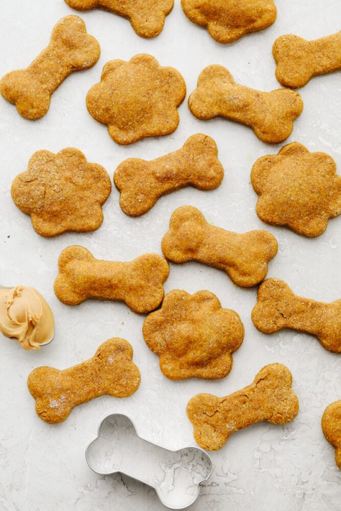 Various dog treats and a bone-shaped cookie cutter.