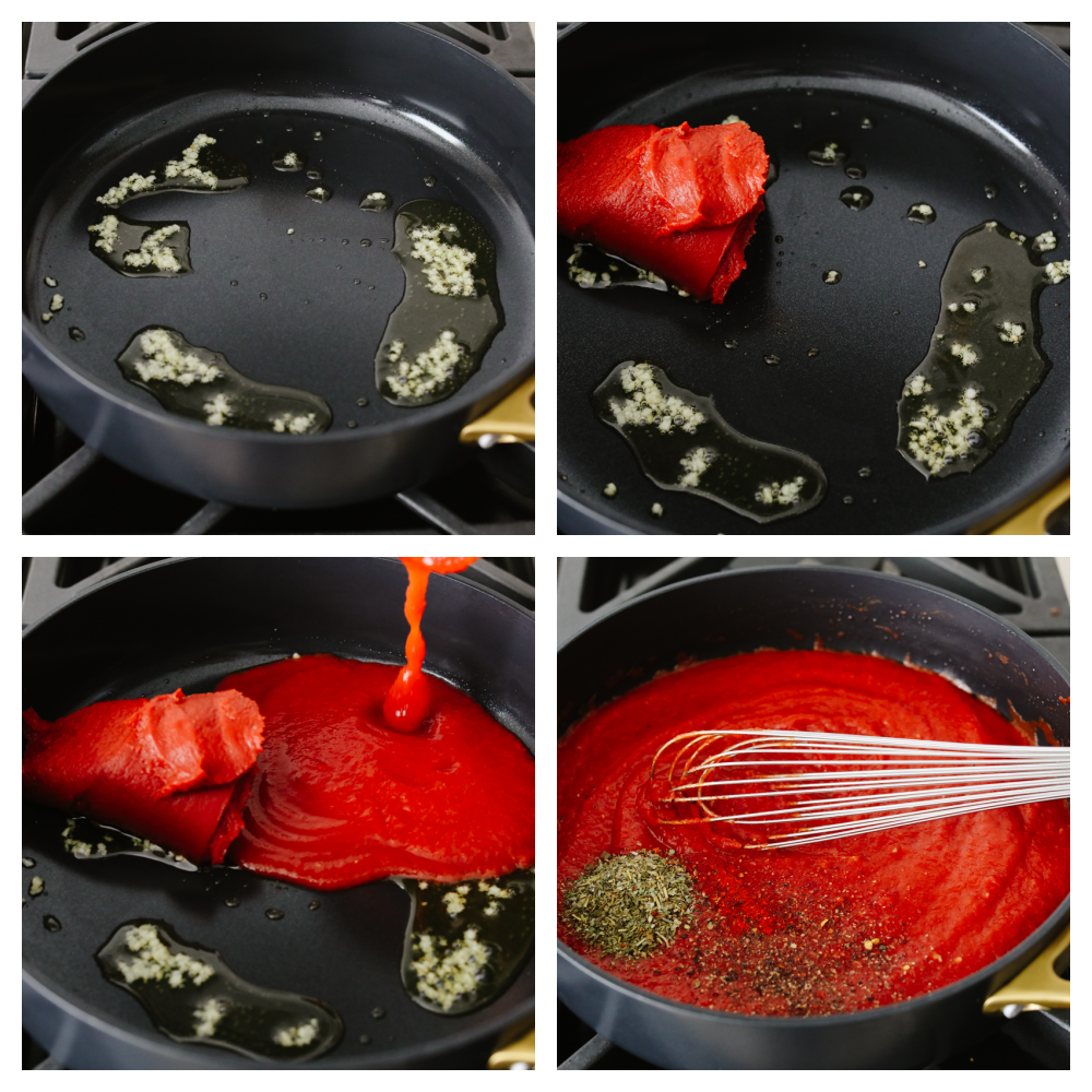 Process shots of adding tomato paste, garlic, and seasonings into a saucepan.