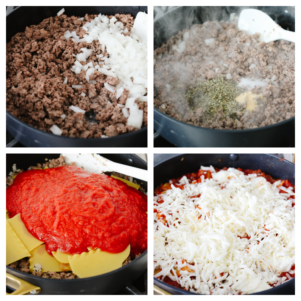 4 pictures showing how to cook meat, onions, pasta and sauce in a skillet. 