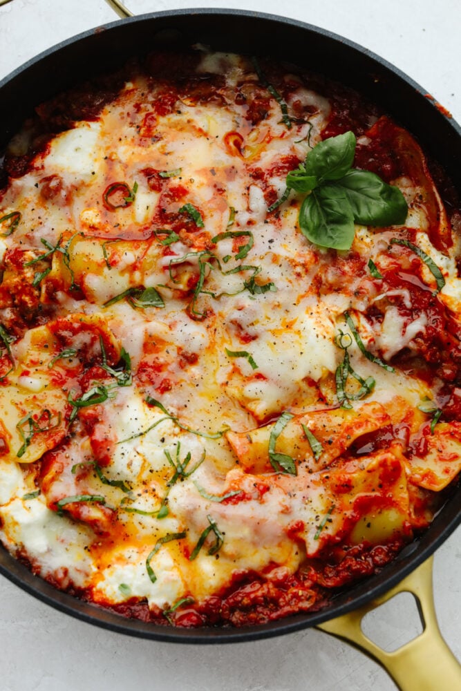 Skillet lasagna in a pan, ready to eat. 