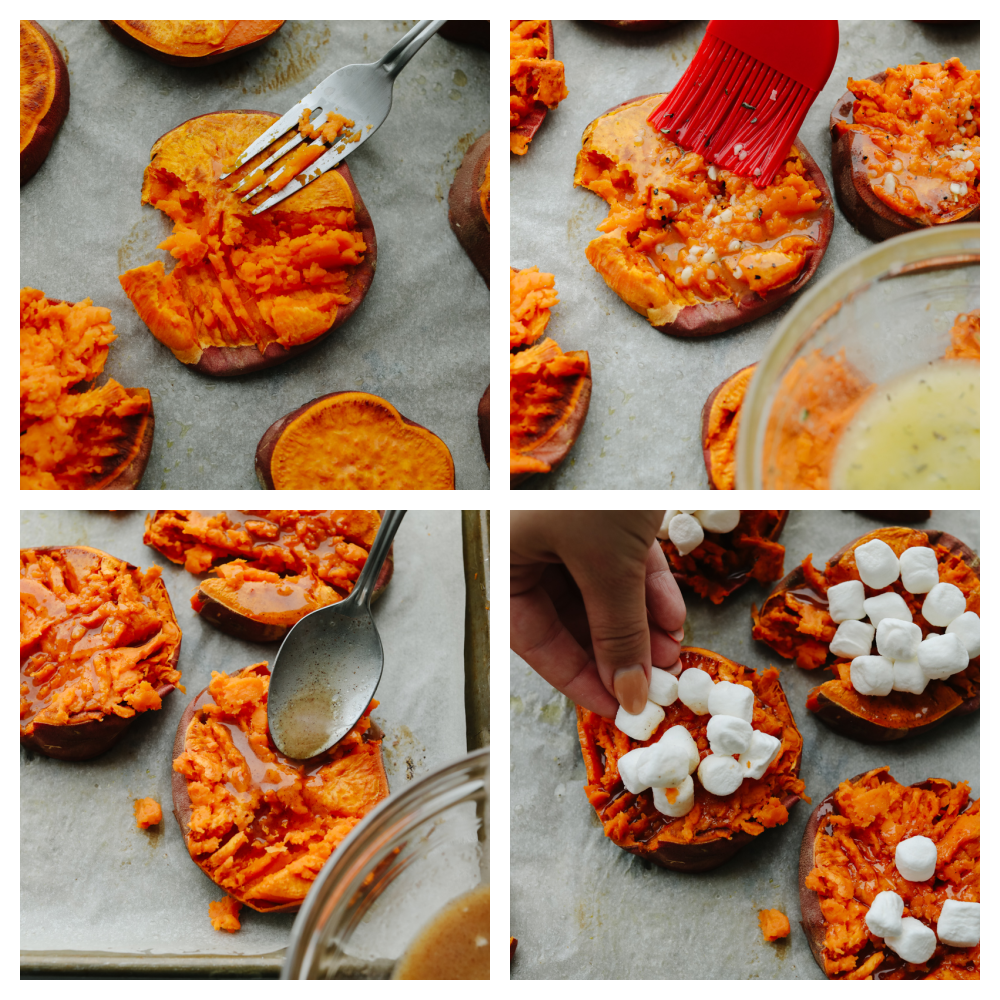 4 photos showing step-by-step instructions on how to make mashed sweet potatoes. 