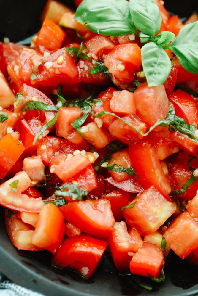 Closeup of tomato basil salad.