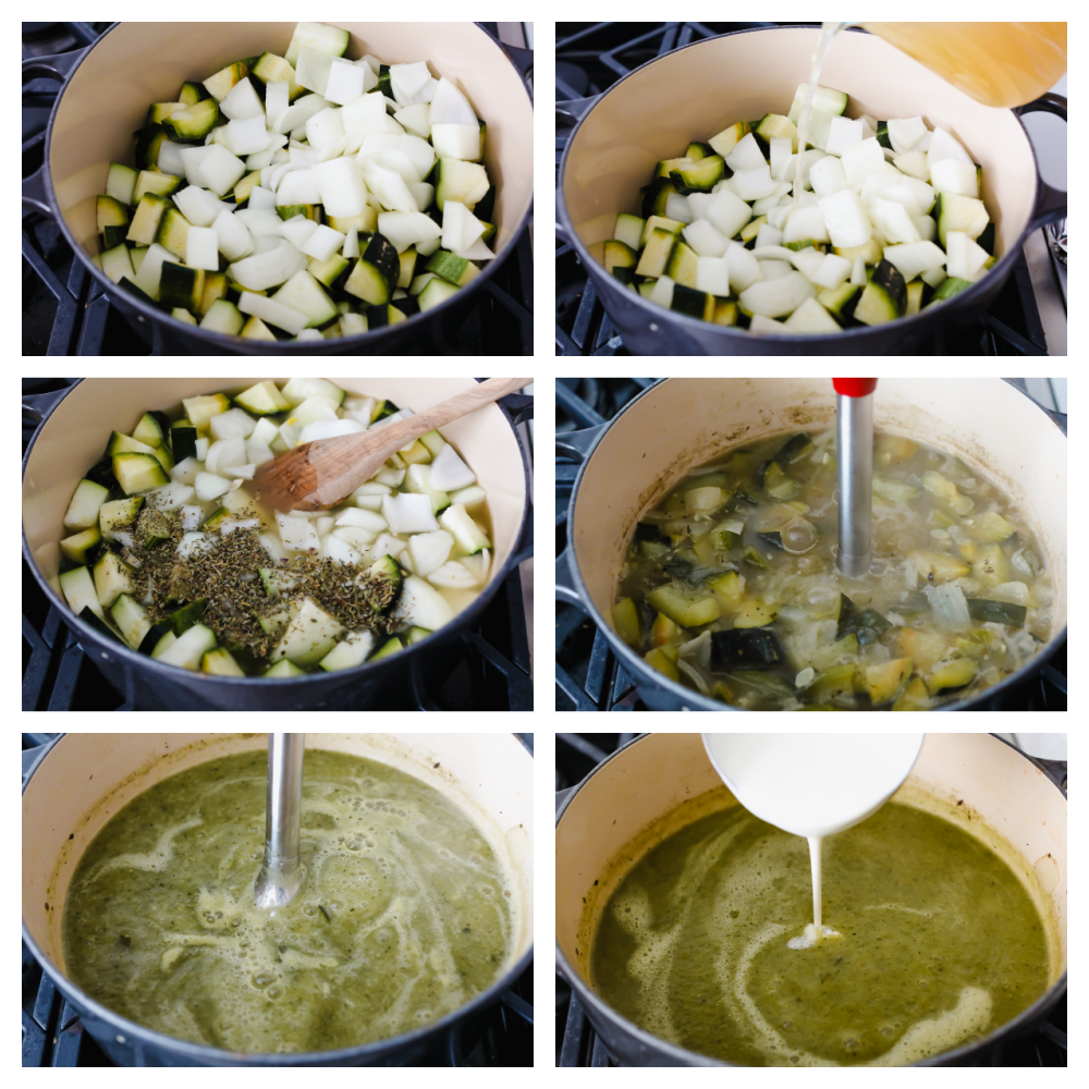 Process shots of adding vegetables, broth, and spices to a large pot and blending.