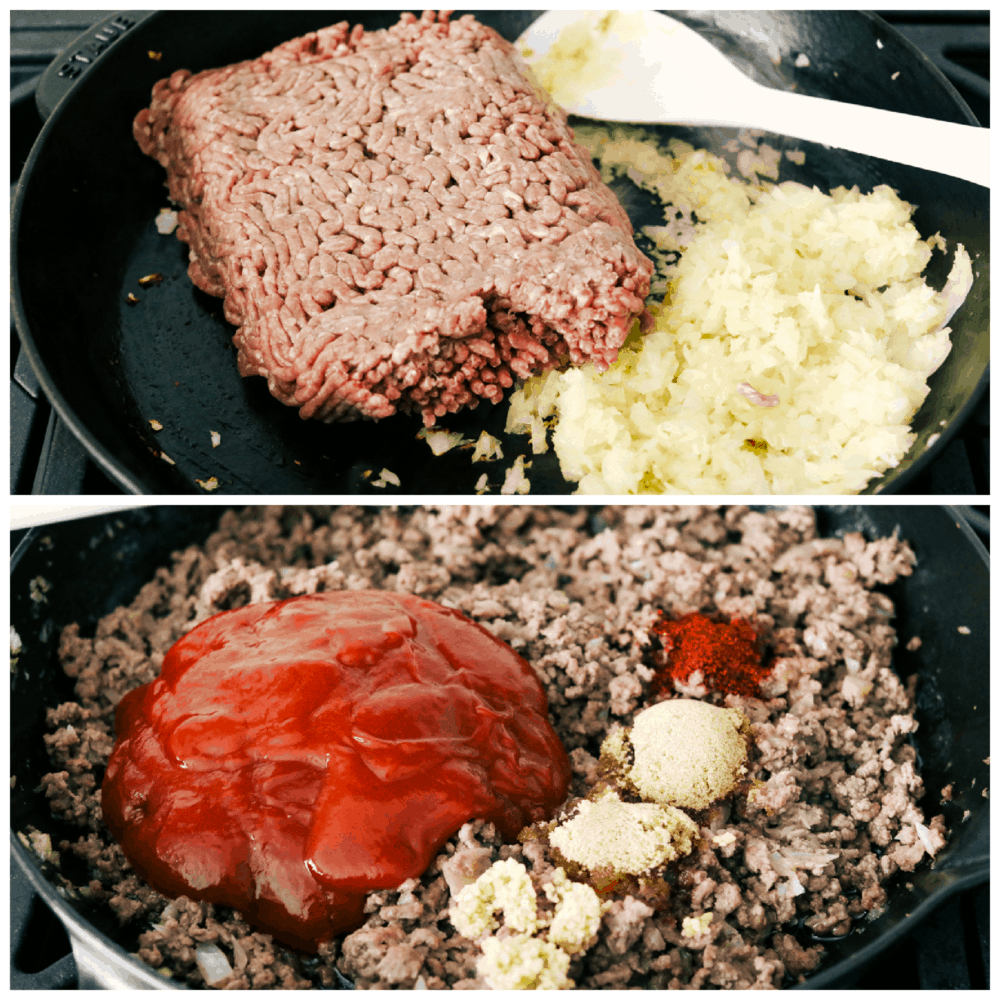 2 foto's die laten zien hoe je het vlees kookt en kruiden toevoegt. 