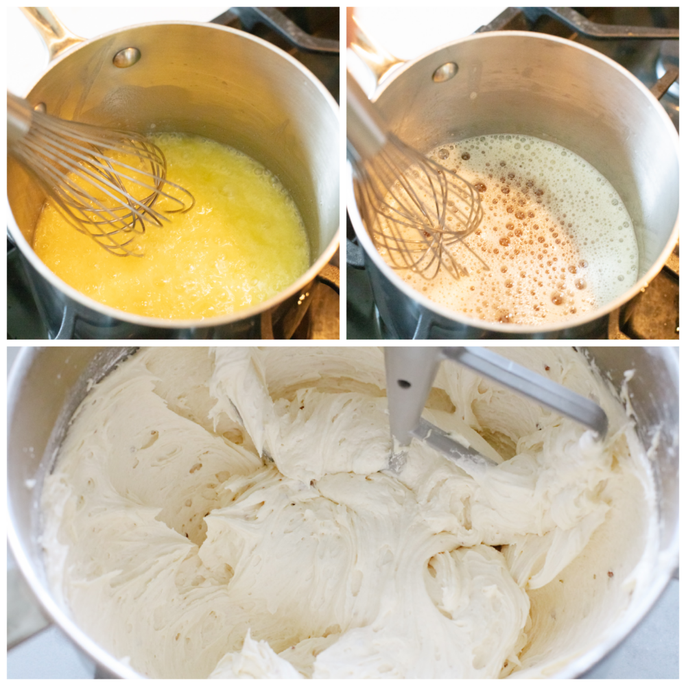 Process shots of making browned butter frosting.