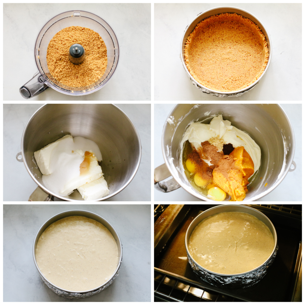 4 pictures showing how to make a cheesecake crust and how to start mixing pumpkin cheesecake filling. 